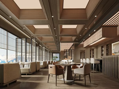 Modern Restaurant Interior With Wooden Ceiling Beams Large Windows Natural Light Dining Tables And Chairs 3d model