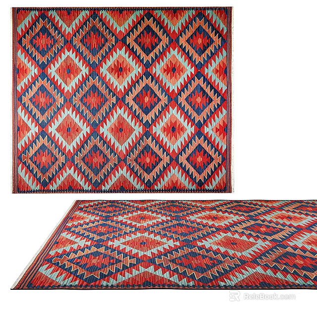 Traditional Square Rug With Geometric Diamond Pattern Red Blue White Home Decor 3d model