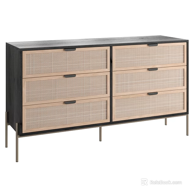Modern Wooden Decorative Cabinet Featuring Woven Drawer Fronts And Metal Legs 3d model 