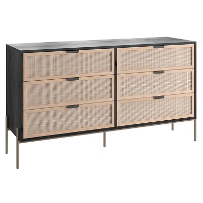 Modern Wooden Decorative Cabinet Featuring Woven Drawer Fronts And Metal Legs 3d model