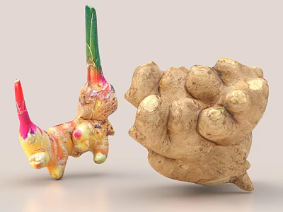 Fresh Organic Ginger and Colorful Ginger with Green Stems on Light Background 3d model