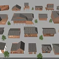 Various Wooden House Models With Different Roof Styles And Small Trees