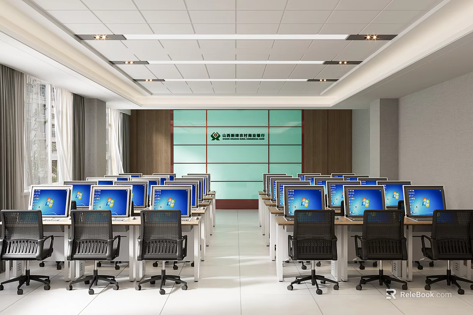 School Computer Classroom With Rows Of Desks And Blue Screen Computers 3d model