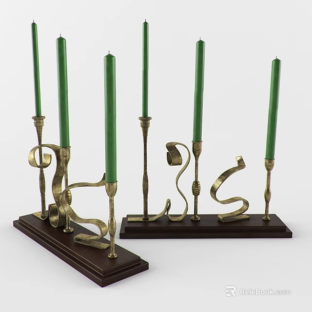 Elegant Candle Lamps with Green Candles Golden Stands and Dark Wooden Bases 3d model 
