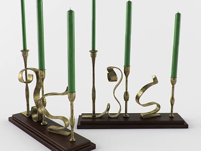 Elegant Candle Lamps with Green Candles Golden Stands and Dark Wooden Bases 3d model
