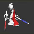Detailed Silver Robot Figure With Red Cape And Blue And Red Weapons