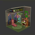Miniature Room Interior With Wardrobe Red Chair Piano Bookshelf Mirror And Carpet