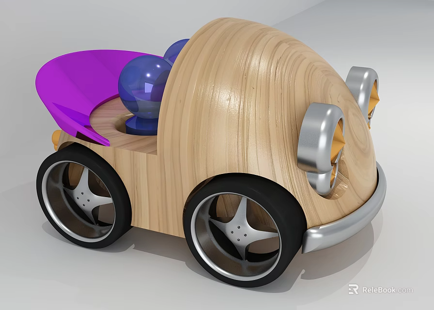 Electric Toy Wooden Car With Purple Seat Silver Headlights And Black Wheels 3d model 