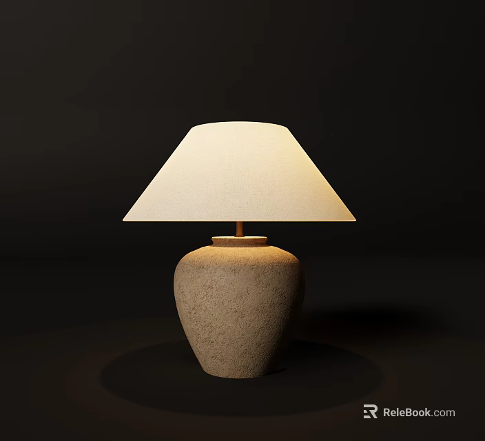 Table Lamp Featuring Off White Shade Light Brown Stone Like Texture Base On Black Background 3d model