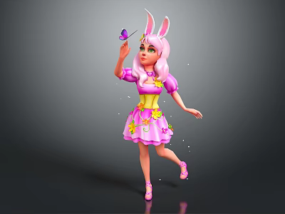 Rabbit Eared Girl Holding Purple Butterfly In Pink Star Dress With Yellow Belt 3d model