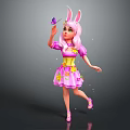 Rabbit Eared Girl Holding Purple Butterfly In Pink Star Dress With Yellow Belt