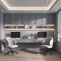 Modern Study Room Interior With Gray Cabinets Long Desk Two Monitors And Comfortable Chairs 3d model