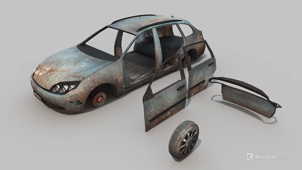 Rusted Old Car With Open Doors And Missing Wheel In Damaged Condition Appearance 3d model 