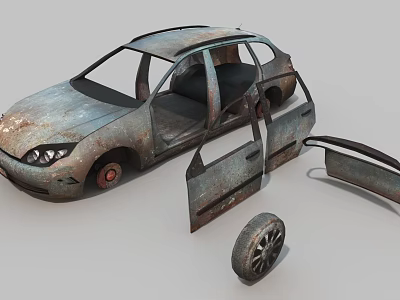 Rusted Old Car With Open Doors And Missing Wheel In Damaged Condition Appearance 3d model