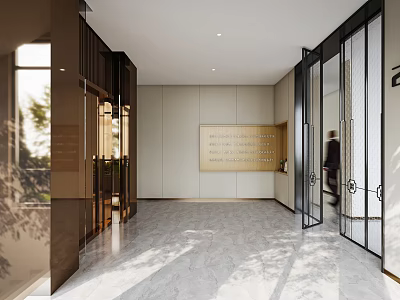 Modern Elevator Lobby Interior Design With Marble Floor Glass Doors And Recessed Lighting 3d model
