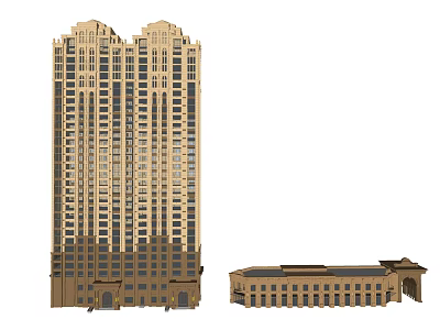 High Rise Tower And Low Rise Building Exterior Design With Classical Architectural Features 3d model