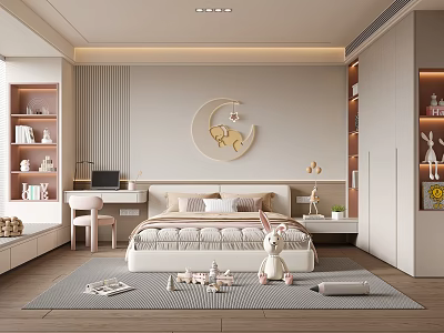 Cozy Kids Room Interior Design with Moon Wall Decor Bed Rabbit Plush and Bookshelves 3d model