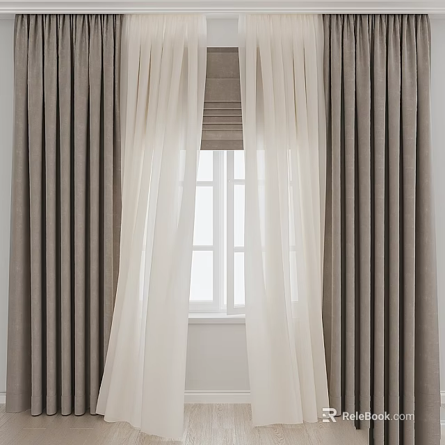 Layered Gray And White Curtains By Window With Sheer Panels And Solid Drapes 3d model