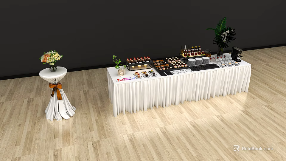 Long White Display Counter Decorated With Various Desserts Wine Glasses And Flower Bouquets 3d model 
