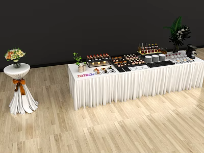 Long White Display Counter Decorated With Various Desserts Wine Glasses And Flower Bouquets 3d model