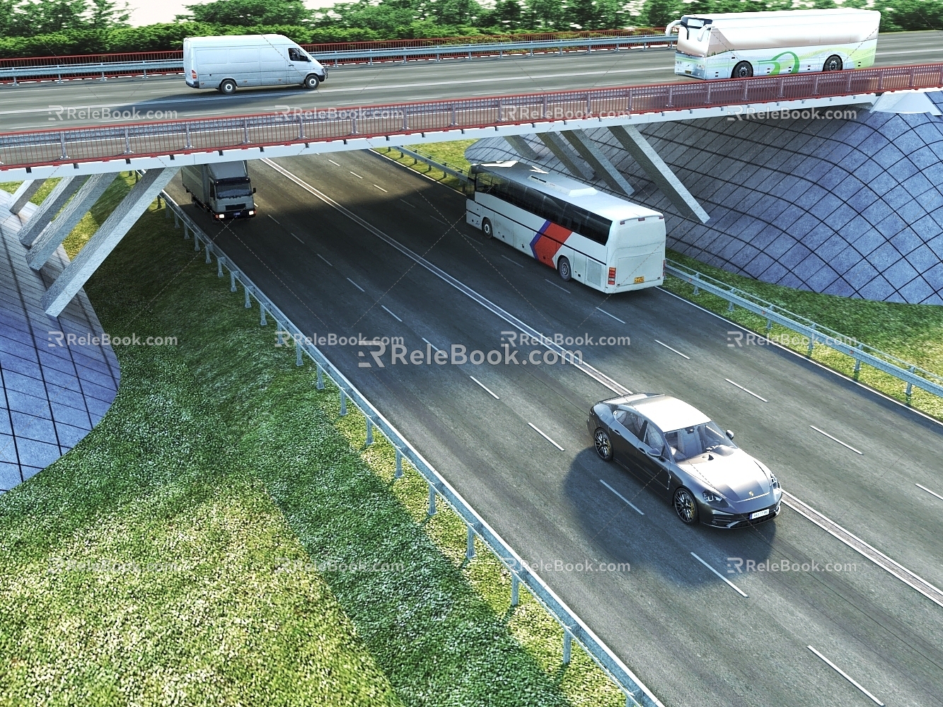 Expressway High-speed Bridge Vehicle Motor Vehicle Bus Truck Car sports car Modern Bridge Highway Bridge Highway Guardrail Bridge Guardrail 3d model