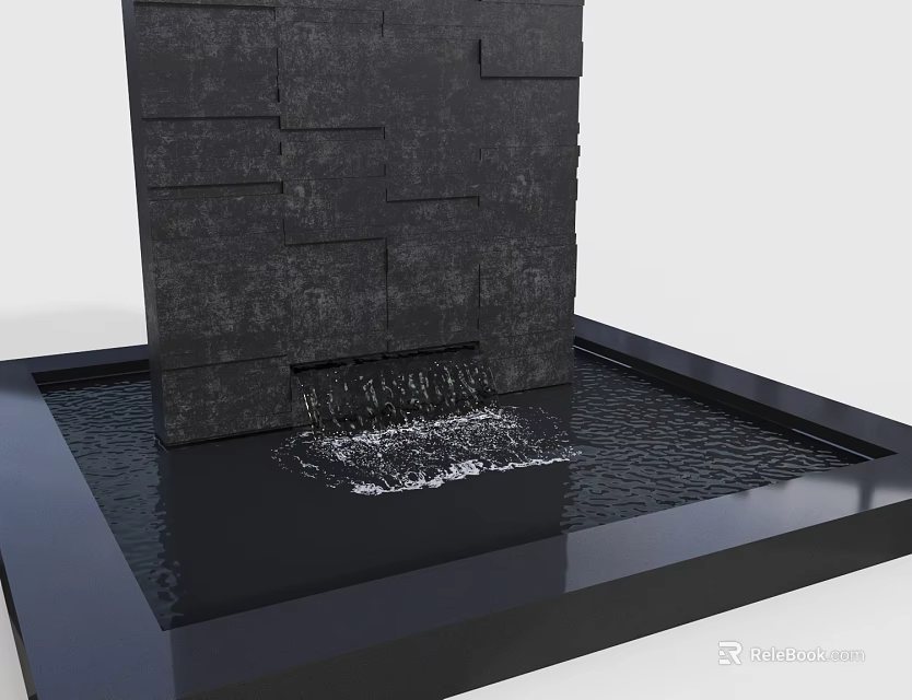 Modern Garden Ornament With Black Stone Wall Flowing Water And Square Pool 3d model 