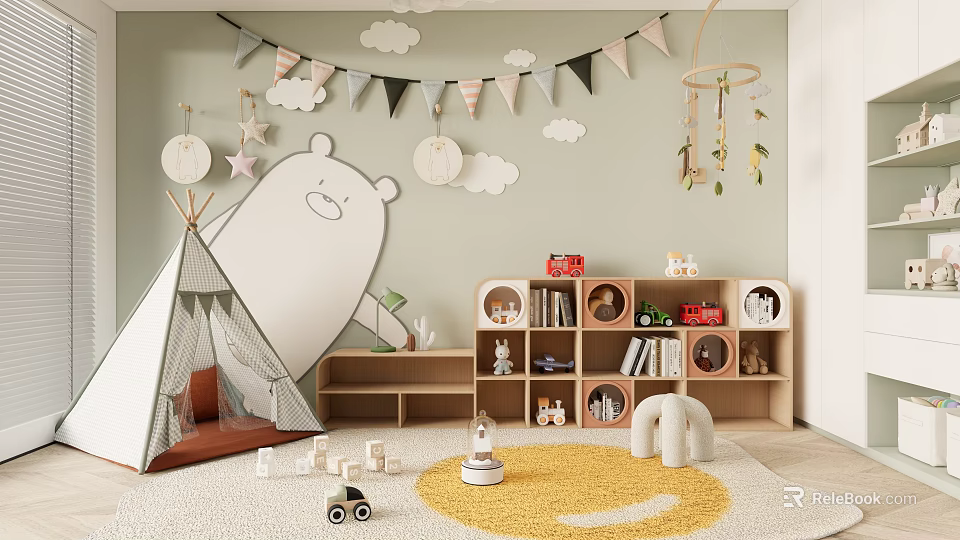 Kids Play Tent in Green Playroom with Cloud Decor Bunting Flags Bookshelf and Toys 3d model 