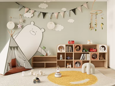 Kids Play Tent in Green Playroom with Cloud Decor Bunting Flags Bookshelf and Toys 3d model
