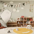 Kids Play Tent in Green Playroom with Cloud Decor Bunting Flags Bookshelf and Toys