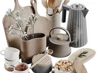 Minimalist Modern Kitchenware Assortment Including Kettle Mugs Cutting Boards And Flowers 3d model