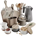Minimalist Modern Kitchenware Assortment Including Kettle Mugs Cutting Boards And Flowers