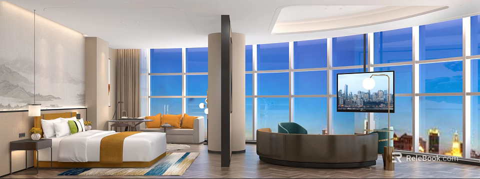 Spacious Modern Hotel Room Interior With Large Windows Sea View And Comfortable Sofa 3d model