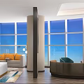Spacious Modern Hotel Room Interior With Large Windows Sea View And Comfortable Sofa 3d model