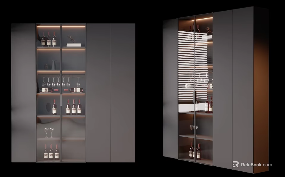 Modern Wine Cabinet With Glass Door And LED Lighting Displaying Wine Bottles And Glasses 3d model 