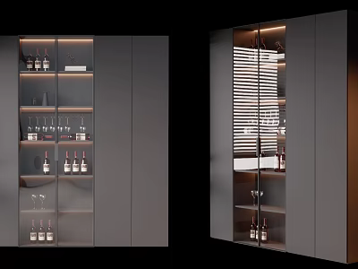 Modern Wine Cabinet With Glass Door And LED Lighting Displaying Wine Bottles And Glasses 3d model
