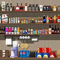 Assorted Beverages on Shelf Display with Bottled Canned Boxed Drinks Coffee Machine Cups and Paper Bags