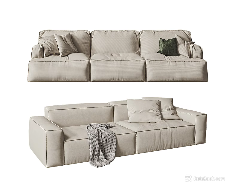 Beige Modern Three Seater Sofa with Soft Pillows and Gray Blanket 3d model