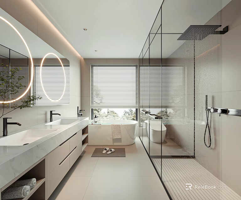 Modern Bathroom Interior With Double Vanity Round Mirrors Marble Countertop Bathtub And Glass Shower Enclosure 3d model 