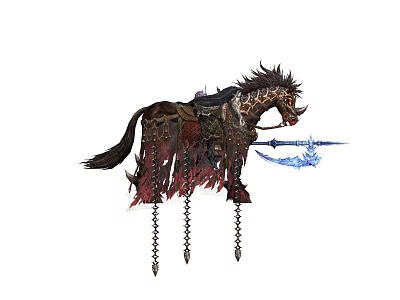 Game Movie Character Horse With Spiked Mane Ornate Saddle Hanging Chains And Blue Weapon 3d model