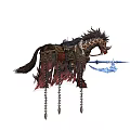 Game Movie Character Horse With Spiked Mane Ornate Saddle Hanging Chains And Blue Weapon