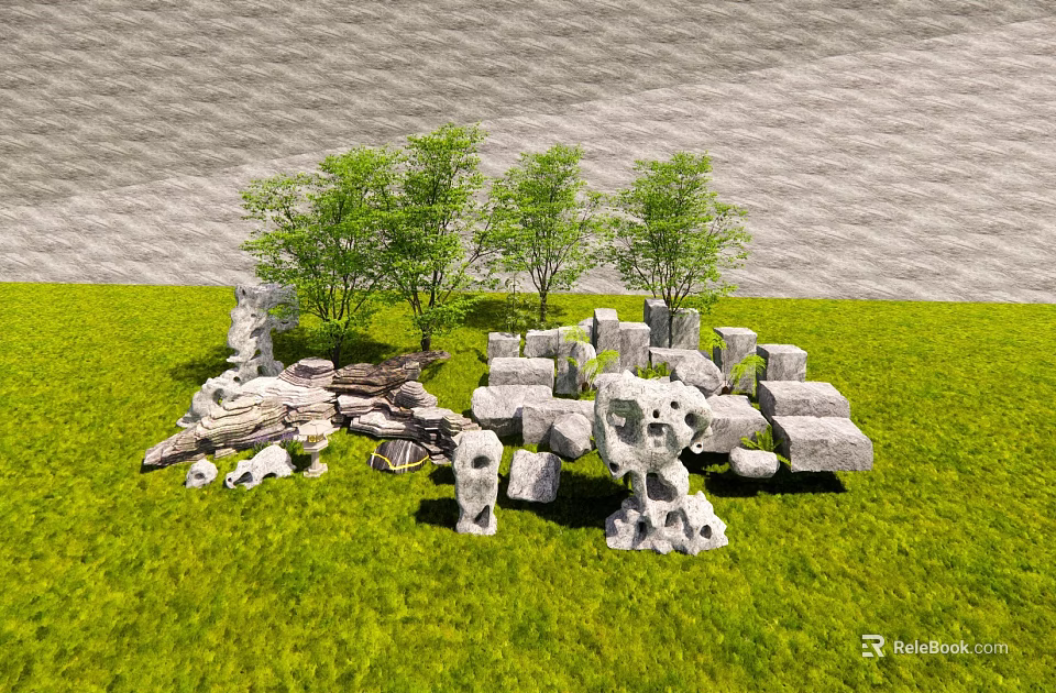 Natural Stone And Wood Decorations On Green Grass With Trees 3d model 