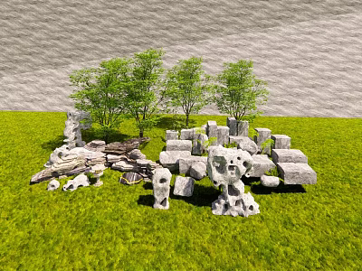 Natural Stone And Wood Decorations On Green Grass With Trees 3d model