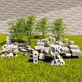 Natural Stone And Wood Decorations On Green Grass With Trees