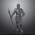 Knight In Shiny Silver Armor Standing With Wooden Spear Against Dark Background