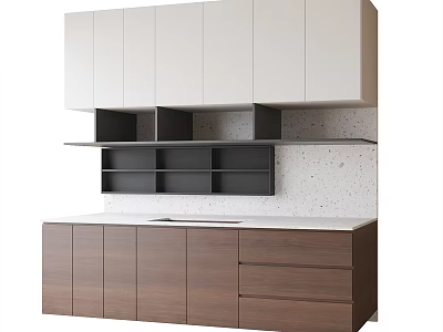 Modern Minimalist Sideboard With White Upper Cabinets Wooden Lower Drawers And Speckled Countertop 3d model