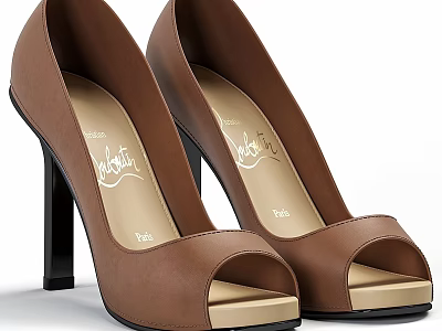 Brown Peep Toe High Heels With Black Heel And Gold Sole 3d model