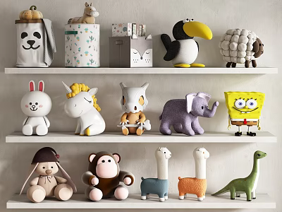 Decorative Ornament Figurine Set With Cute Animal And Cartoon Characters On Shelf 3d model