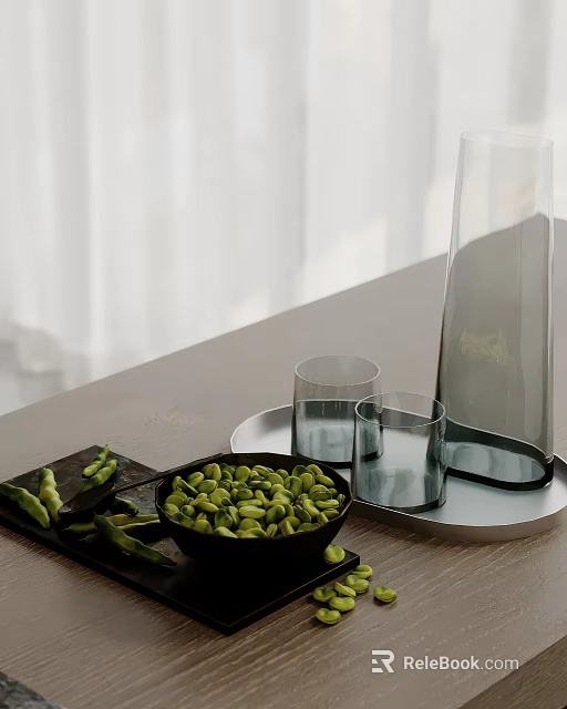 Fresh Edamame in Black Bowl with Glass Cups and Transparent Vase on Tray 3d model 