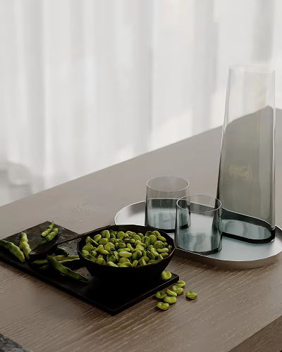 Fresh Edamame in Black Bowl with Glass Cups and Transparent Vase on Tray 3d model