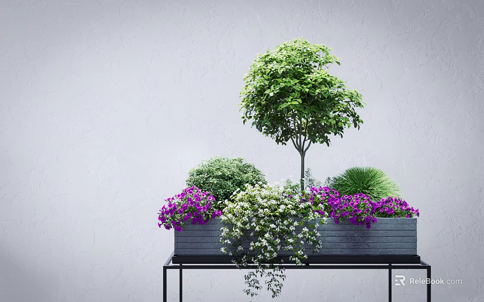 Potted Plants In Rectangular Planter On Black Stand With Green Shrubs Purple And White Flowers 3d model 